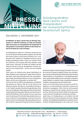 2. November 2021: Gründungsdirektor Gerd Leuchs wird Vizepräsident der wissenschaftlichen Gesellschaft Optica